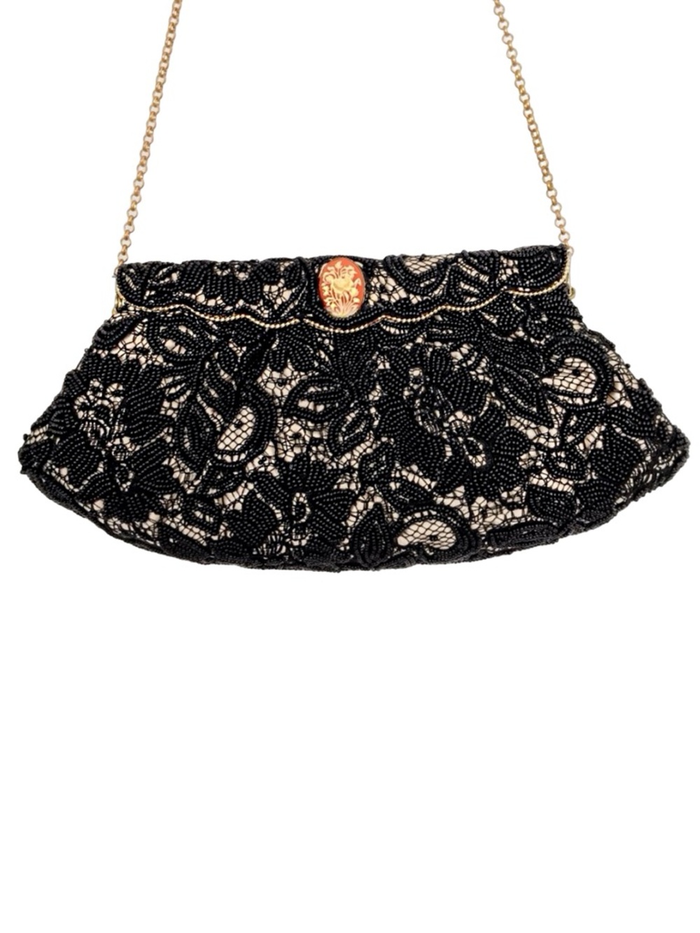 NWOT Lily Scott $275 beaded lace cameo evening bag clutch